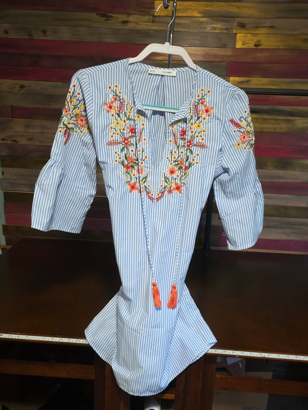 SFERRA Blue and White Striped Mini Dress with Floral Embroidery